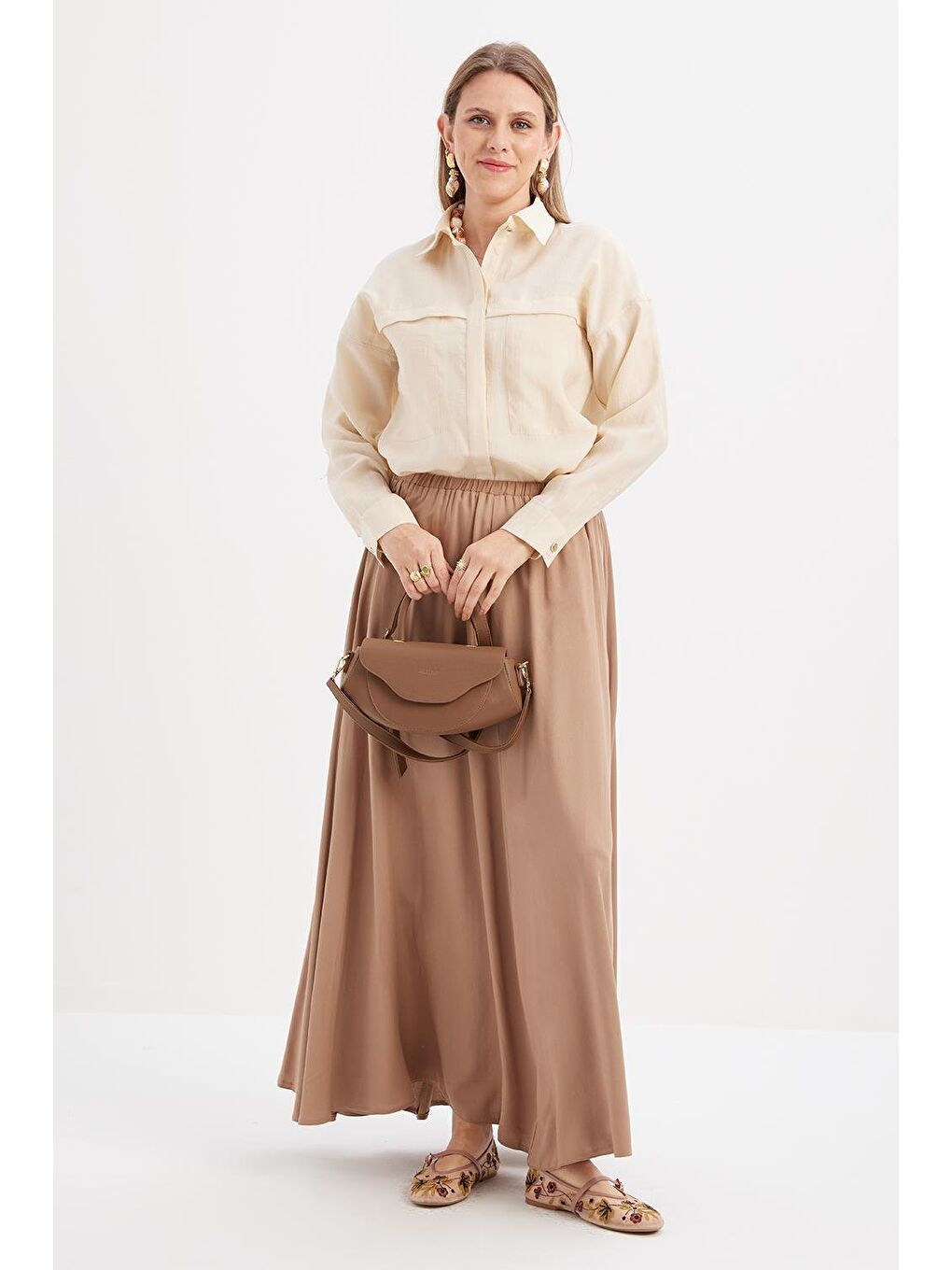 Bej Vizon-Lastikli Basic Etek