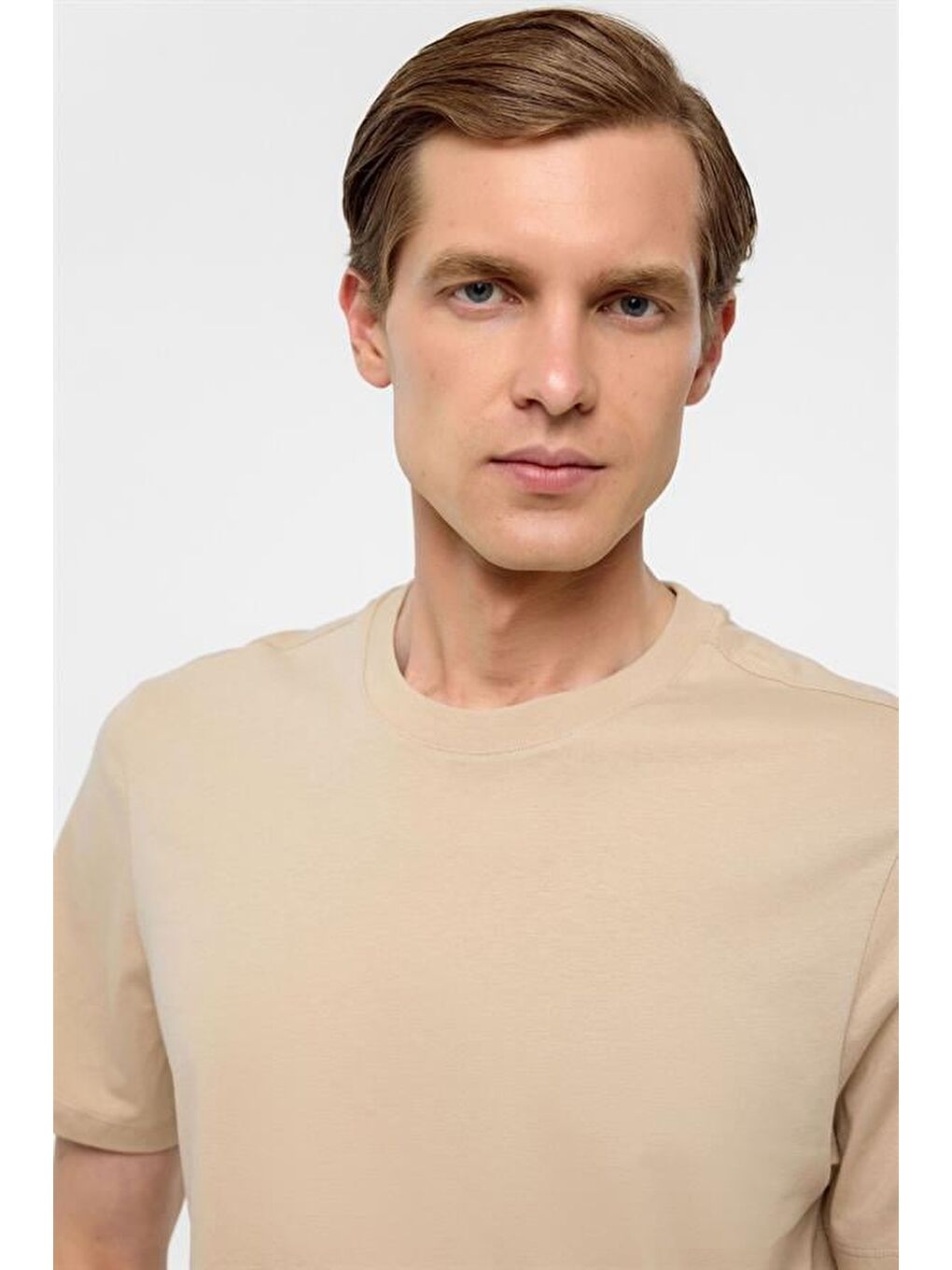 Bej Regular Düz Bisiklet Yaka Tişört-2