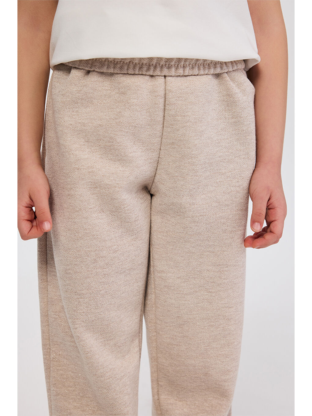 Kız Çocuk Beli Ve Paçası Lastikli Simli Bej Eşofman Altı-6