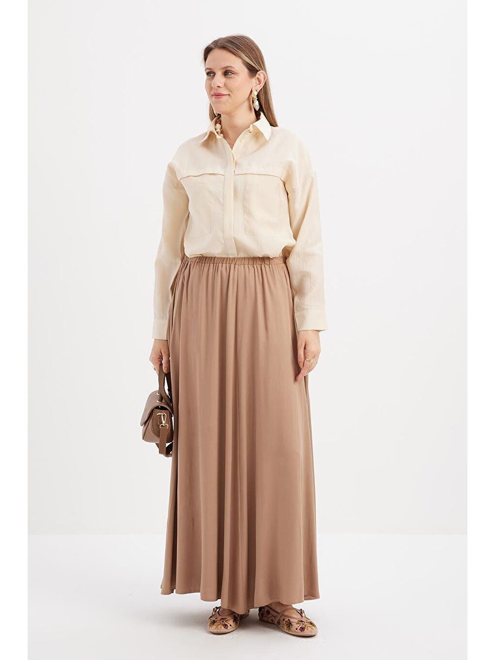 Bej Vizon-Lastikli Basic Etek-1