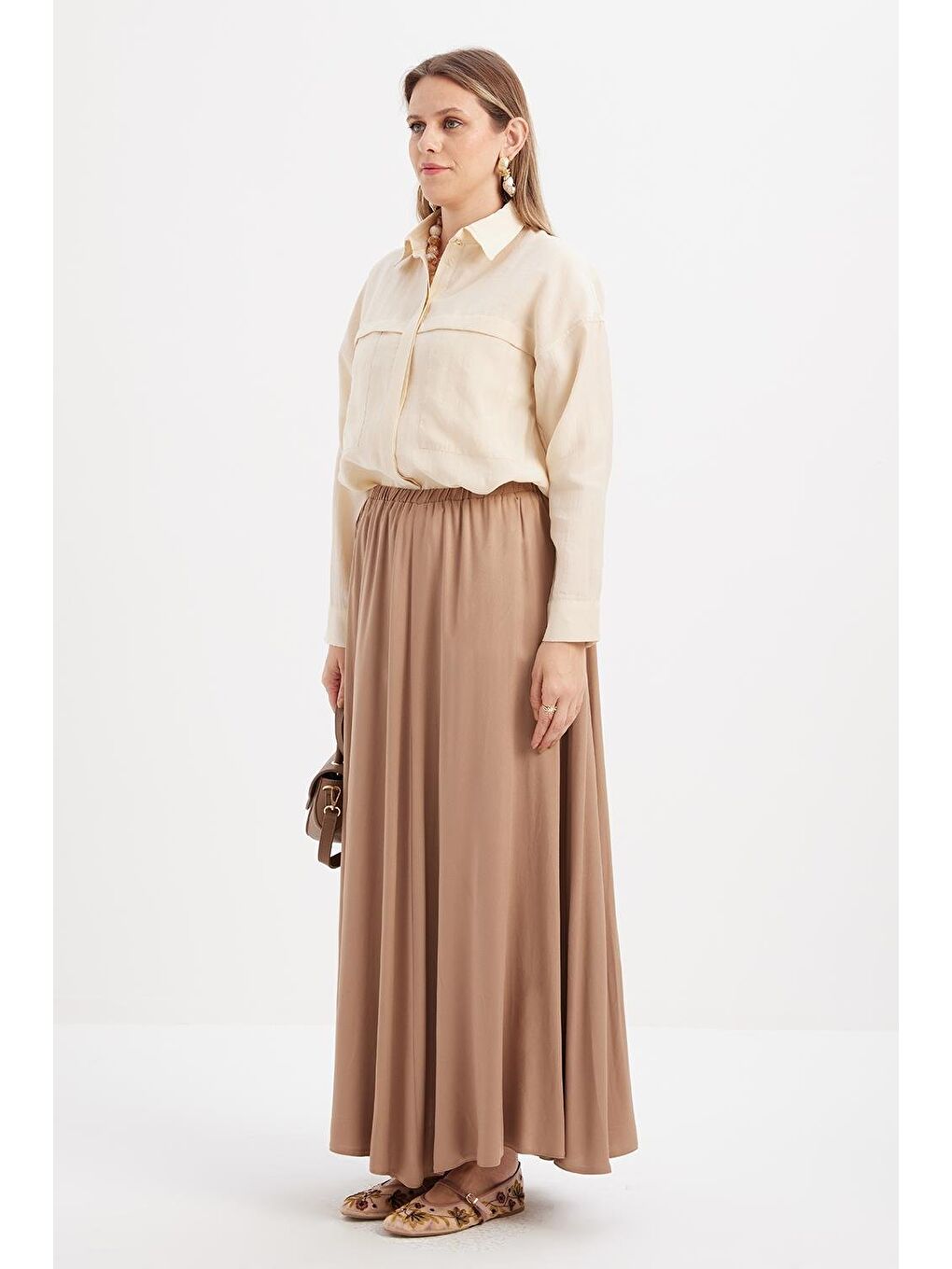 Bej Vizon-Lastikli Basic Etek-2