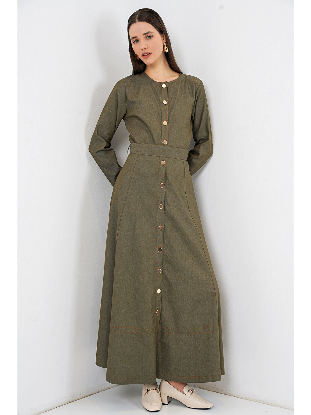 Kadın Kuşaklı Uzun Denim Elbise 2595 - Haki-3