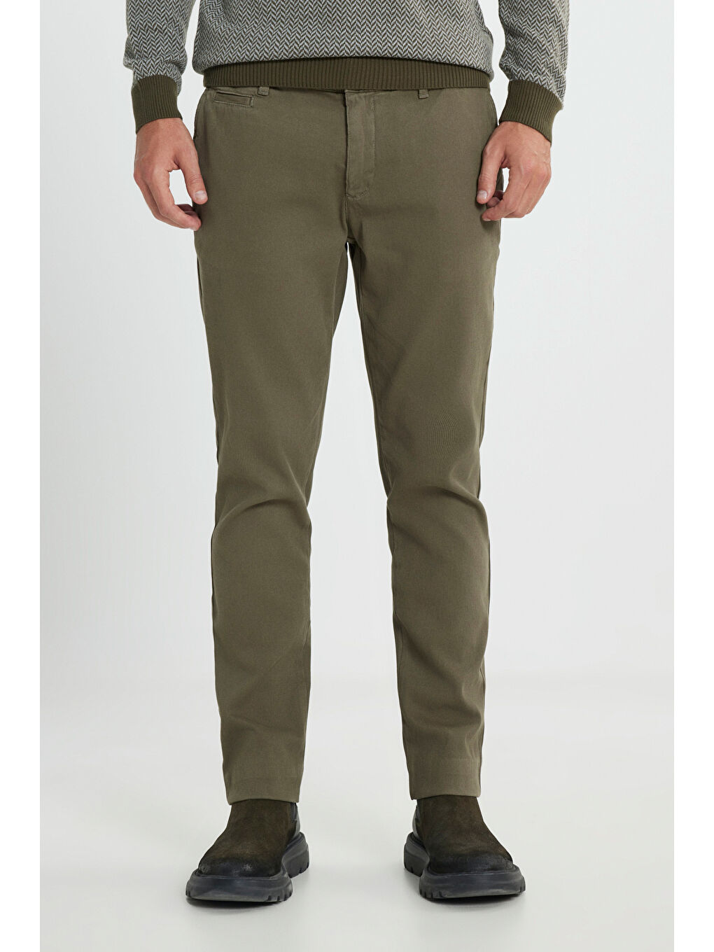 Erkek Haki Pamuklu Slim Fit Dar Kesim Armürlü Yan Cep Esnek Casual Pantolon-1