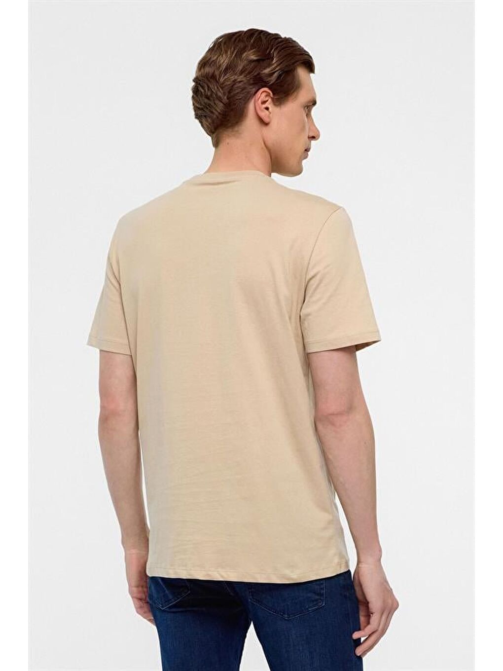 Bej Regular Düz Bisiklet Yaka Tişört-3