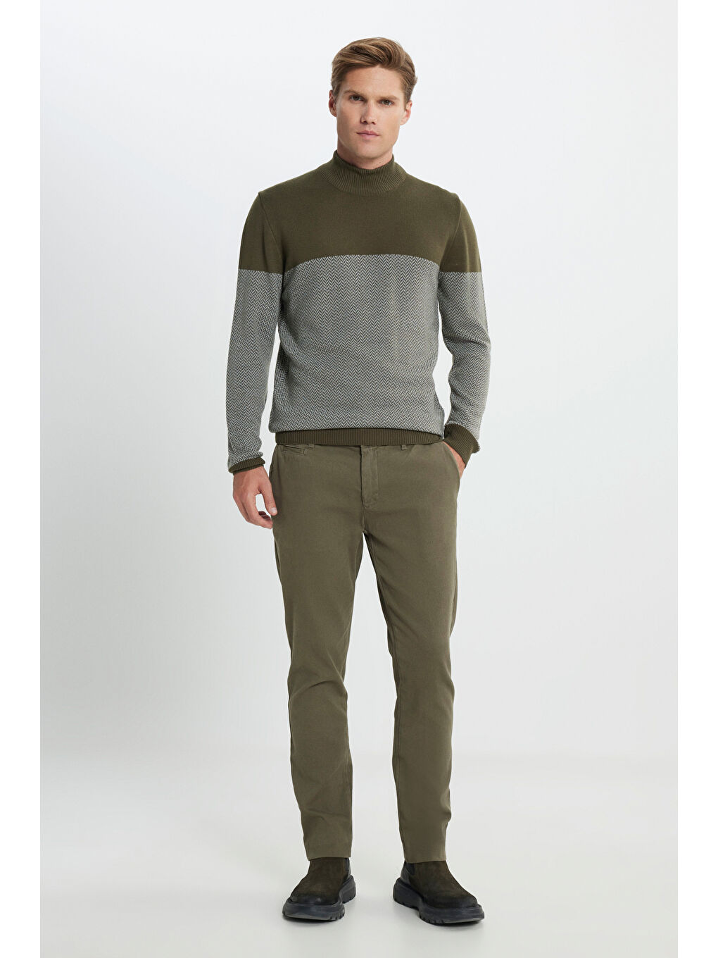 Erkek Haki Pamuklu Slim Fit Dar Kesim Armürlü Yan Cep Esnek Casual Pantolon-2