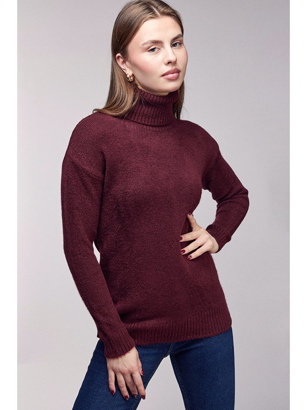 Bordo Balıkçı Yaka Oversize Triko Kazak