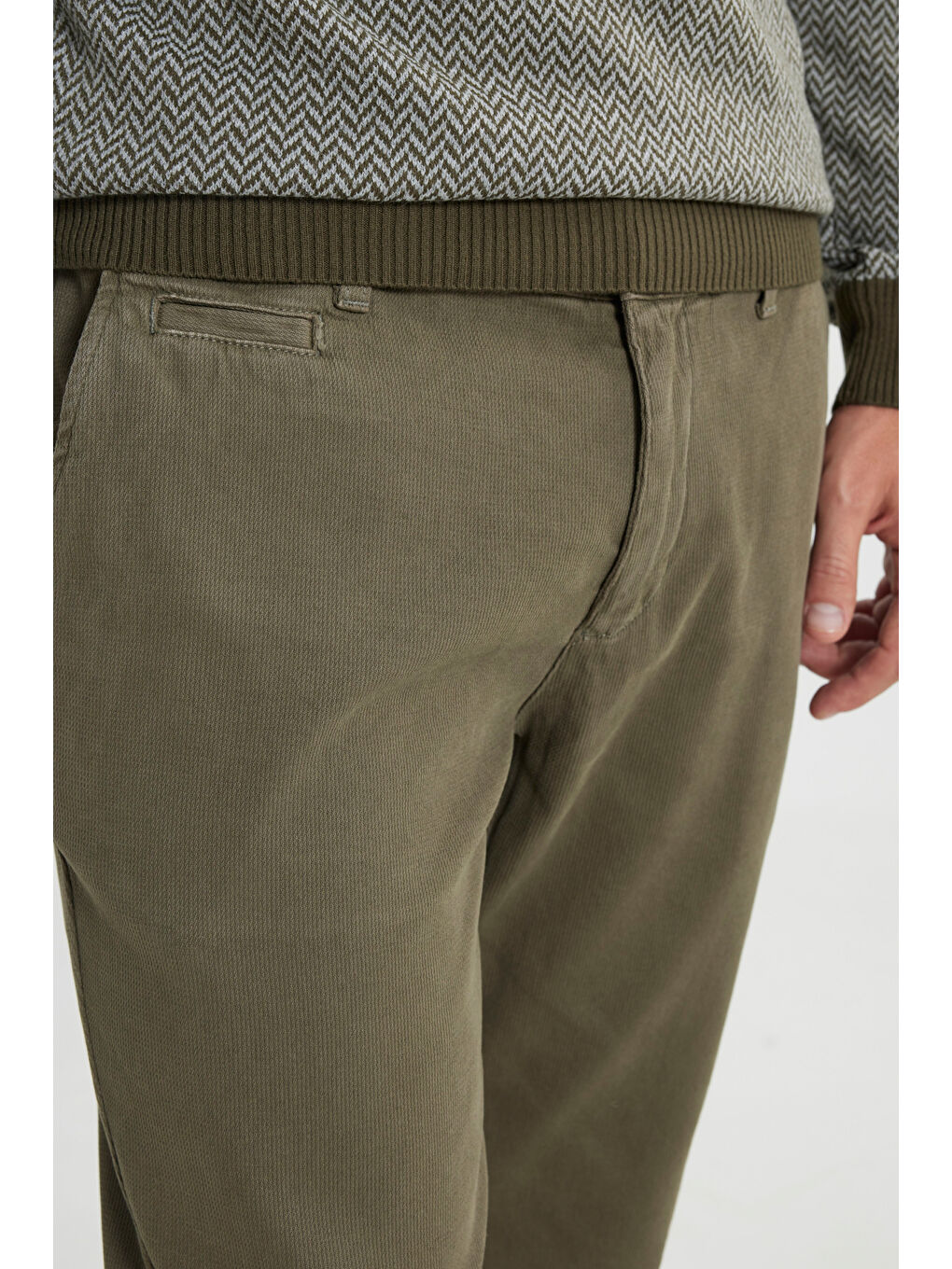 Erkek Haki Pamuklu Slim Fit Dar Kesim Armürlü Yan Cep Esnek Casual Pantolon-3