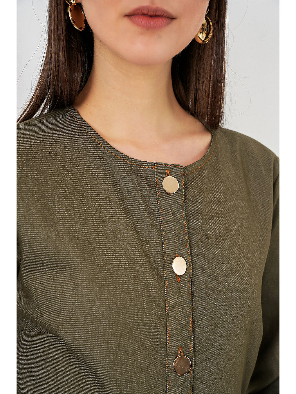 Kadın Kuşaklı Uzun Denim Elbise 2595 - Haki-4