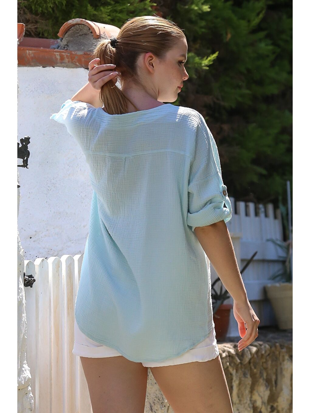 Yeşil Organik Pamuk Mint Havuz Yaka Düğmeli 3/4 Kol Casual Müslin Dokuma Bluz 70 65-1