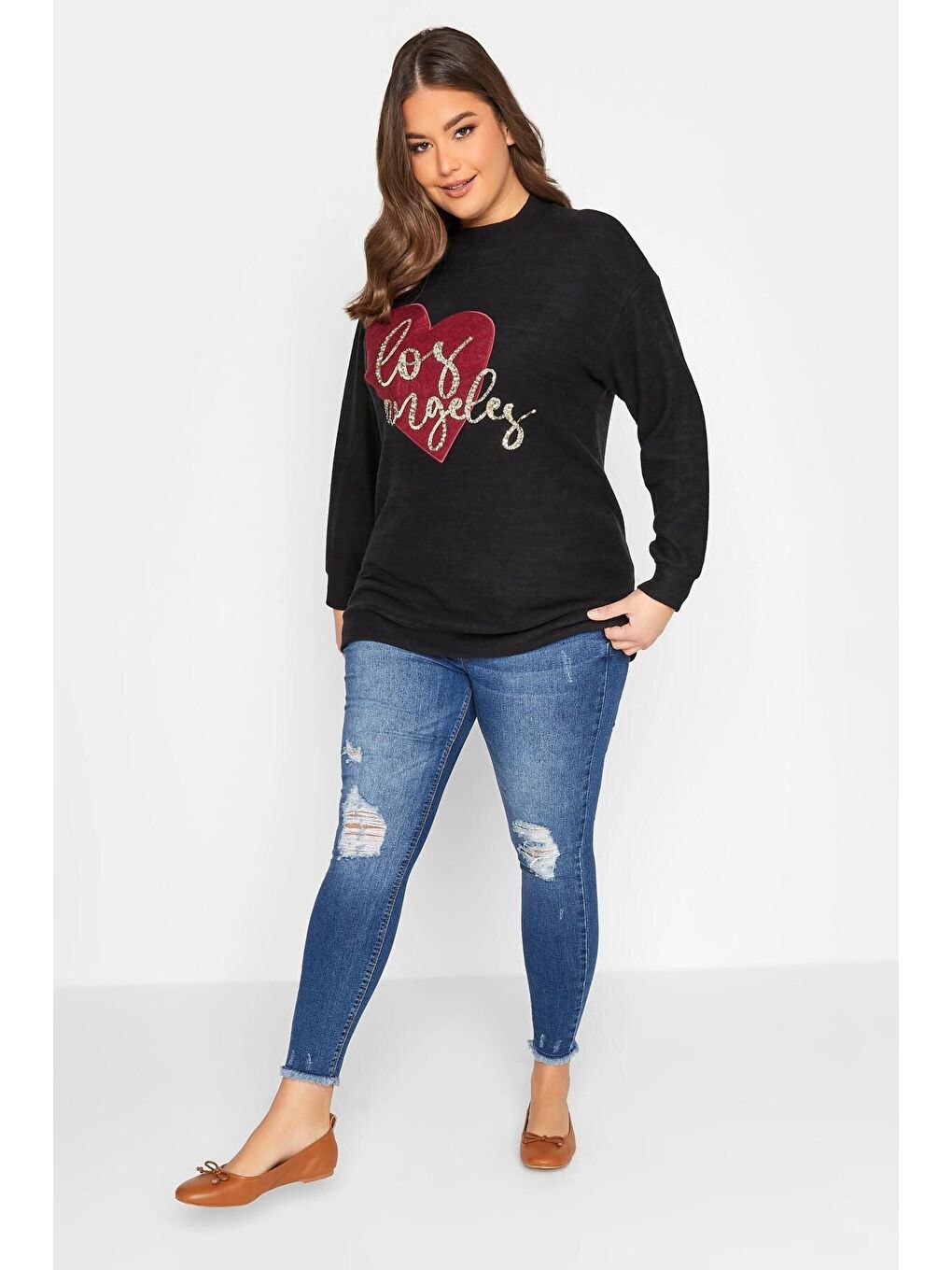 Siyah Büyük Beden Yazılı Payet Detaylı Yuvarlak Yaka Triko Kazak 301779-1