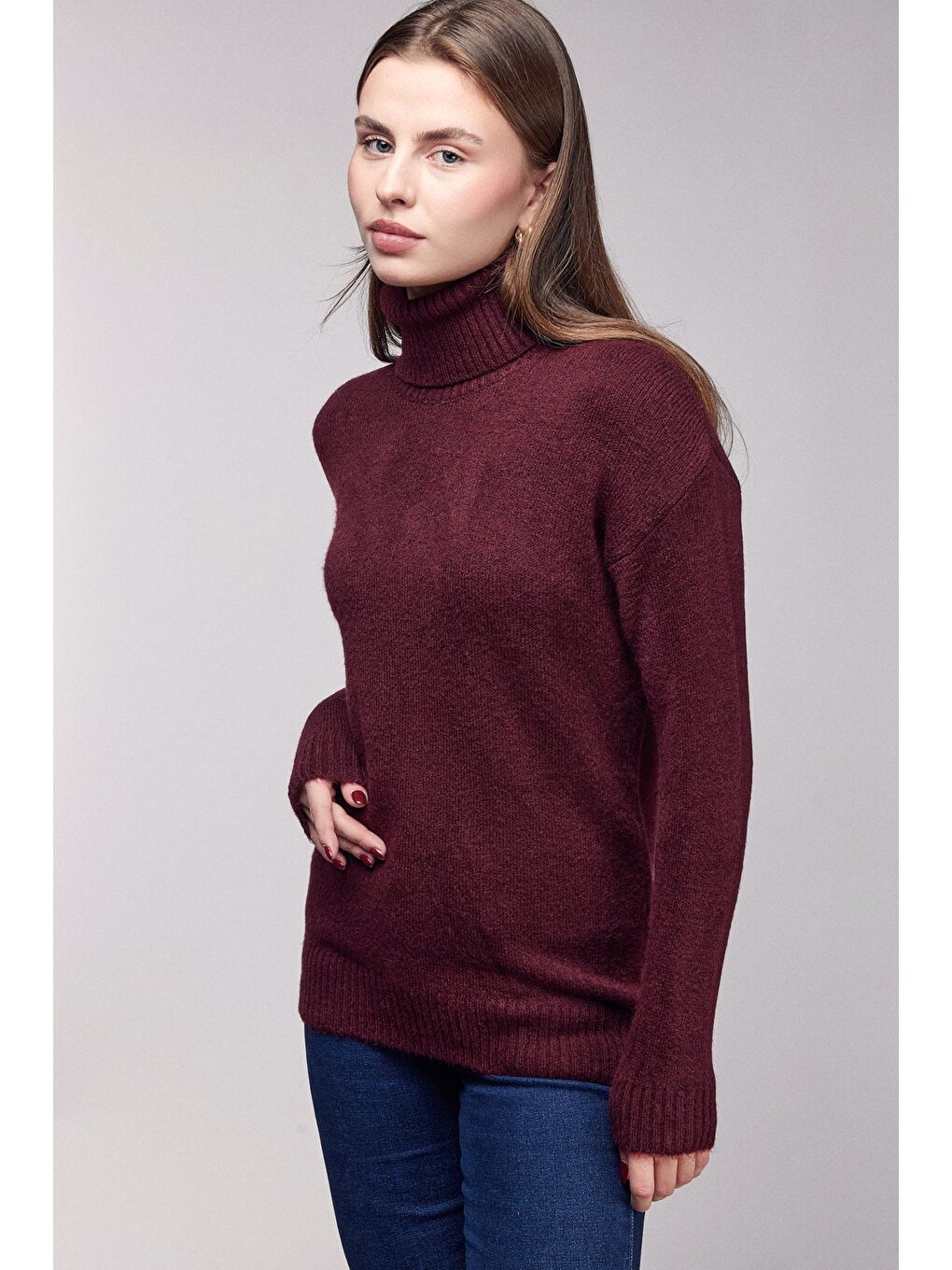 Bordo Balıkçı Yaka Oversize Triko Kazak-1