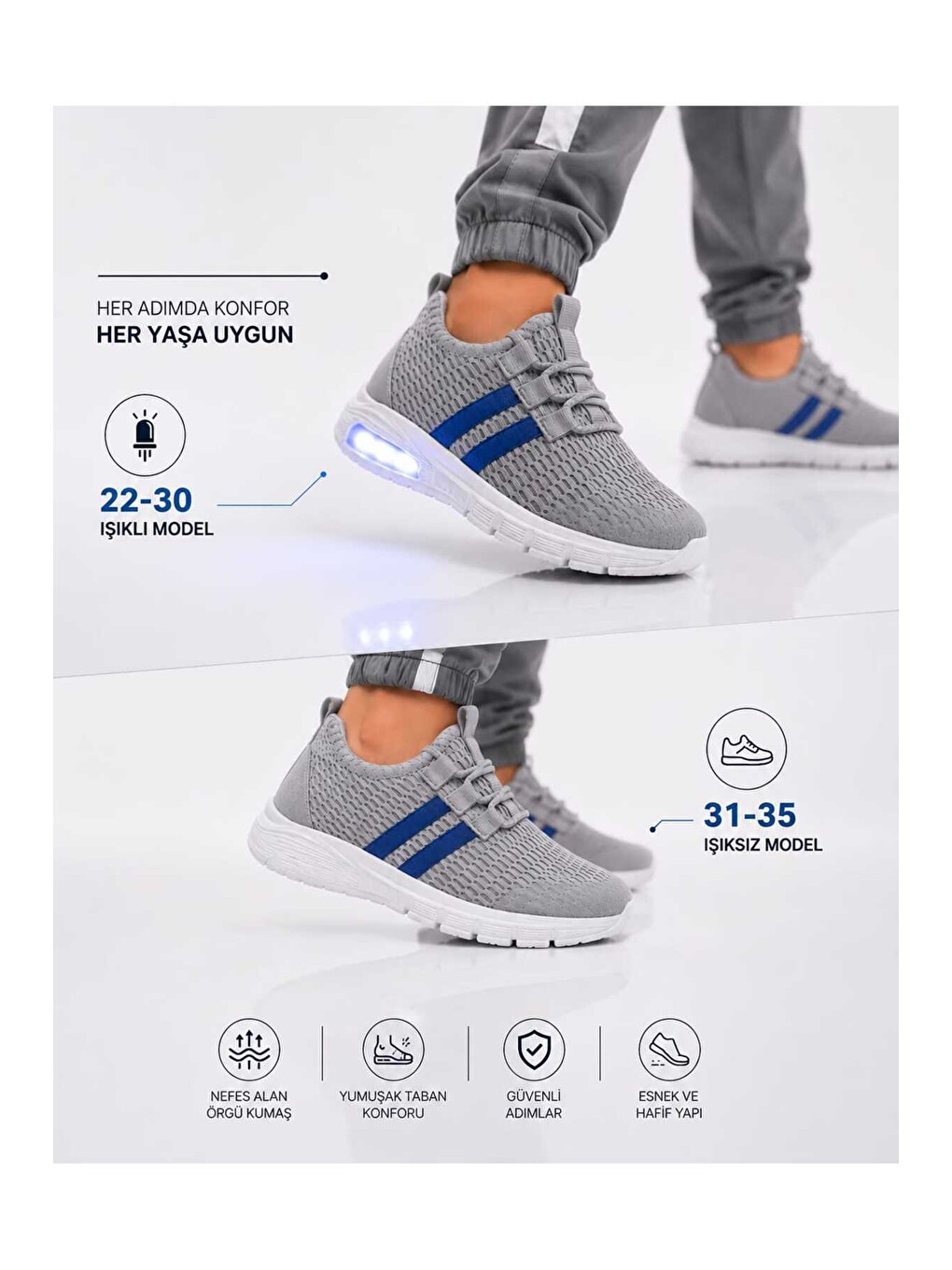 Gri Unisex Çocuk Işıklı Spor Ayakkabı Rahat Günlük Sneaker