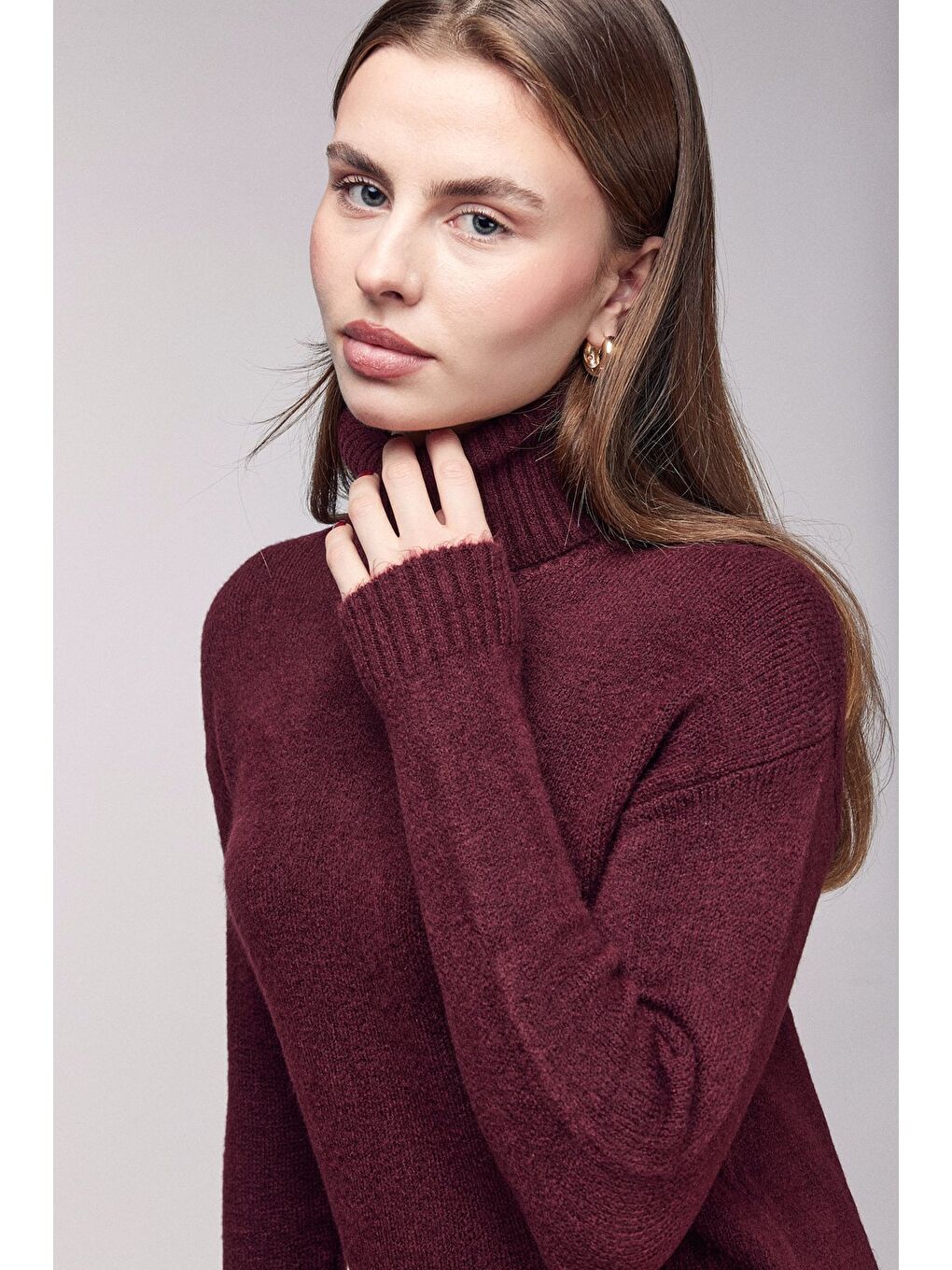 Bordo Balıkçı Yaka Oversize Triko Kazak-2