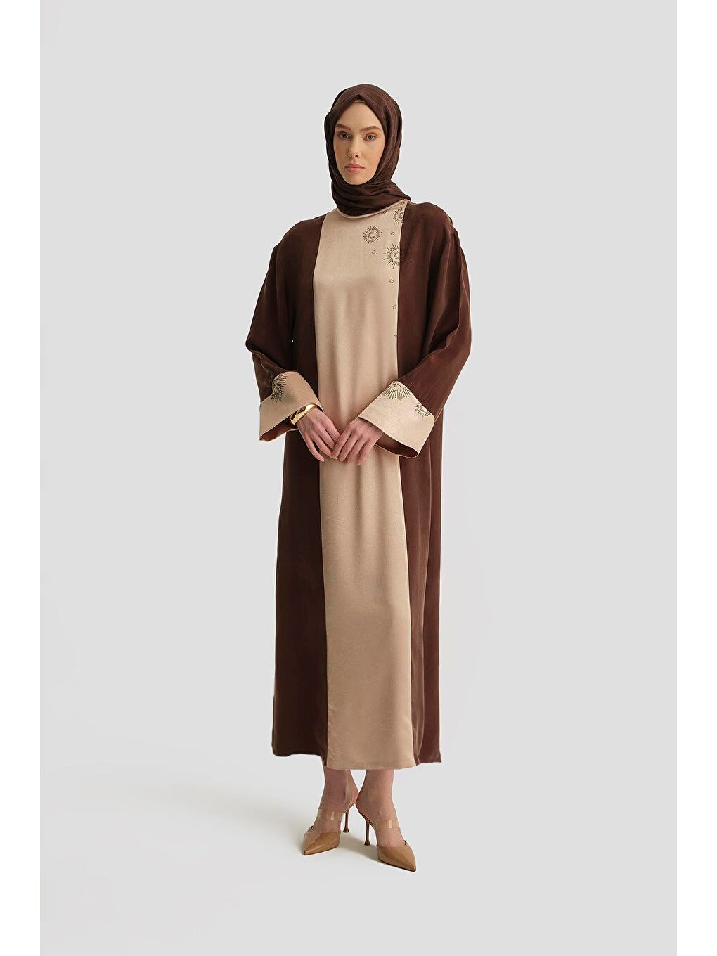 Taş Yapıştırma Garnili Cupra Elbise 25Y9017 Kahverengi-1