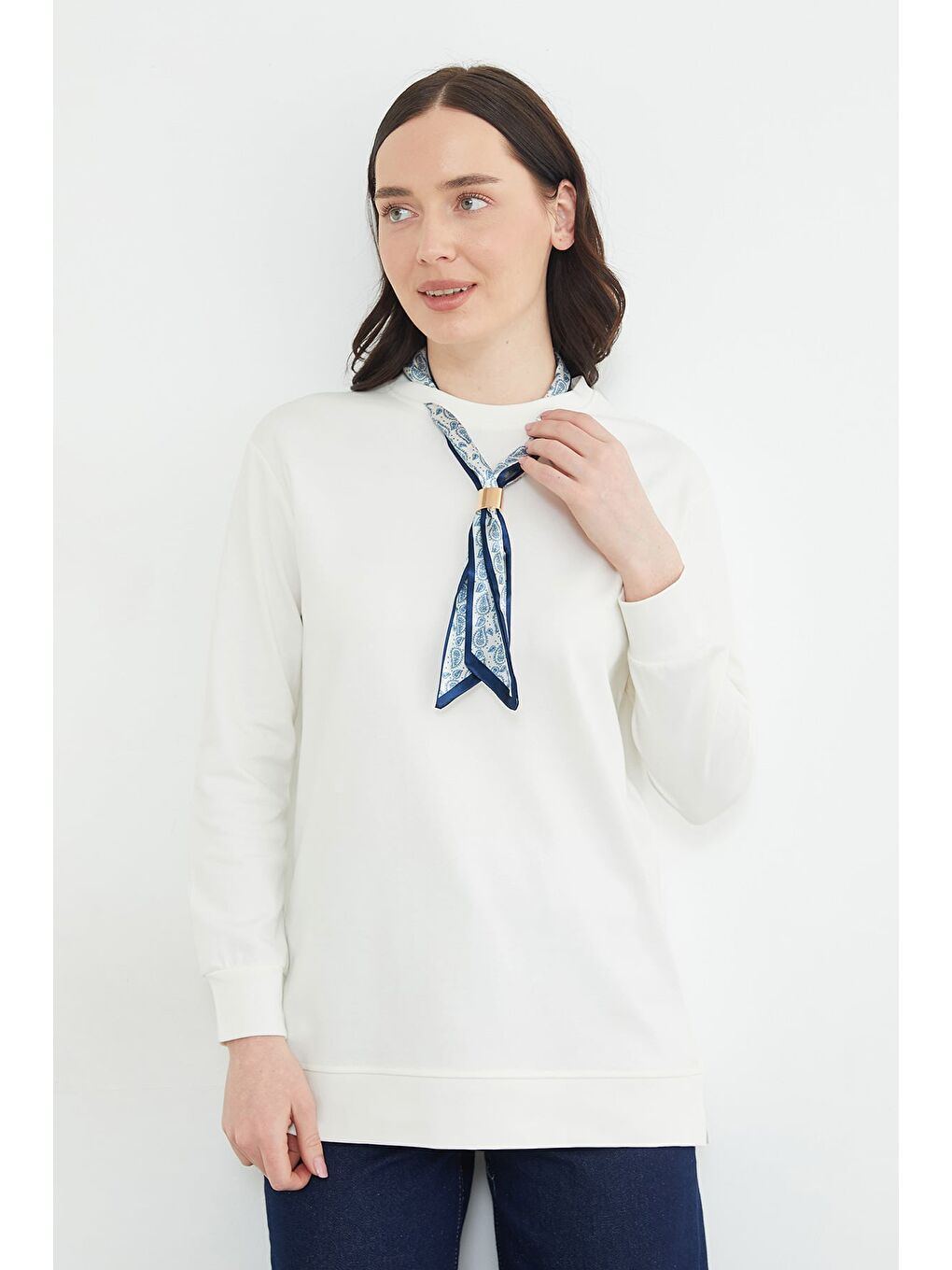 Ekru Fullamodest Fular Detaylı Bisiklet Yaka Tunik-1