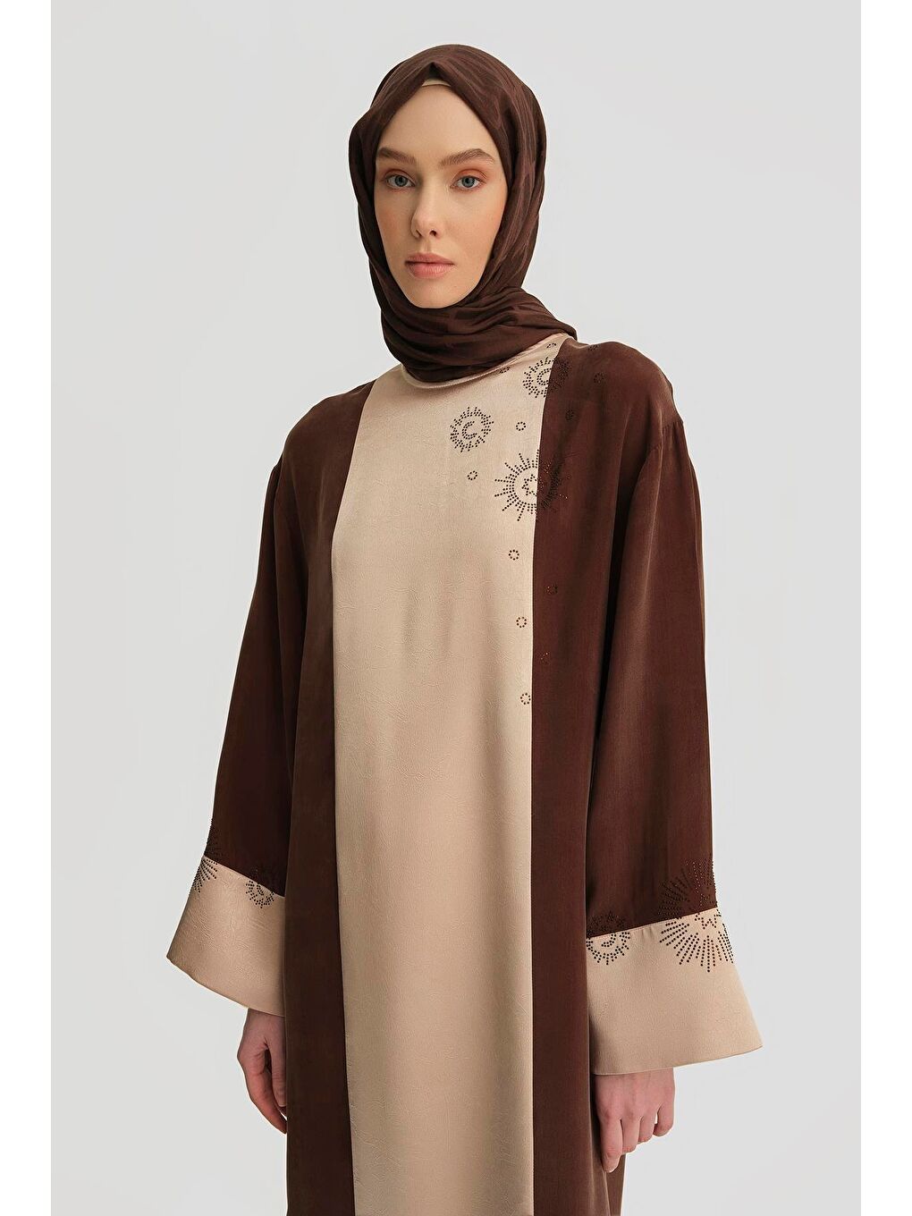 Taş Yapıştırma Garnili Cupra Elbise 25Y9017 Kahverengi-2