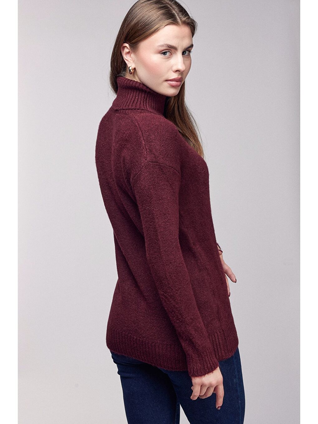 Bordo Balıkçı Yaka Oversize Triko Kazak-3