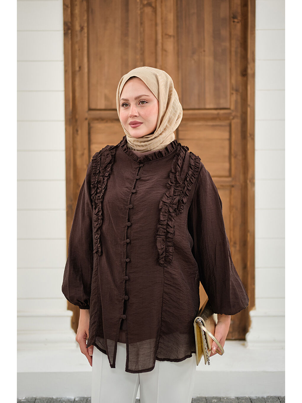 Kadın Yaka Büzgülü Gömlek Kahverengi-1