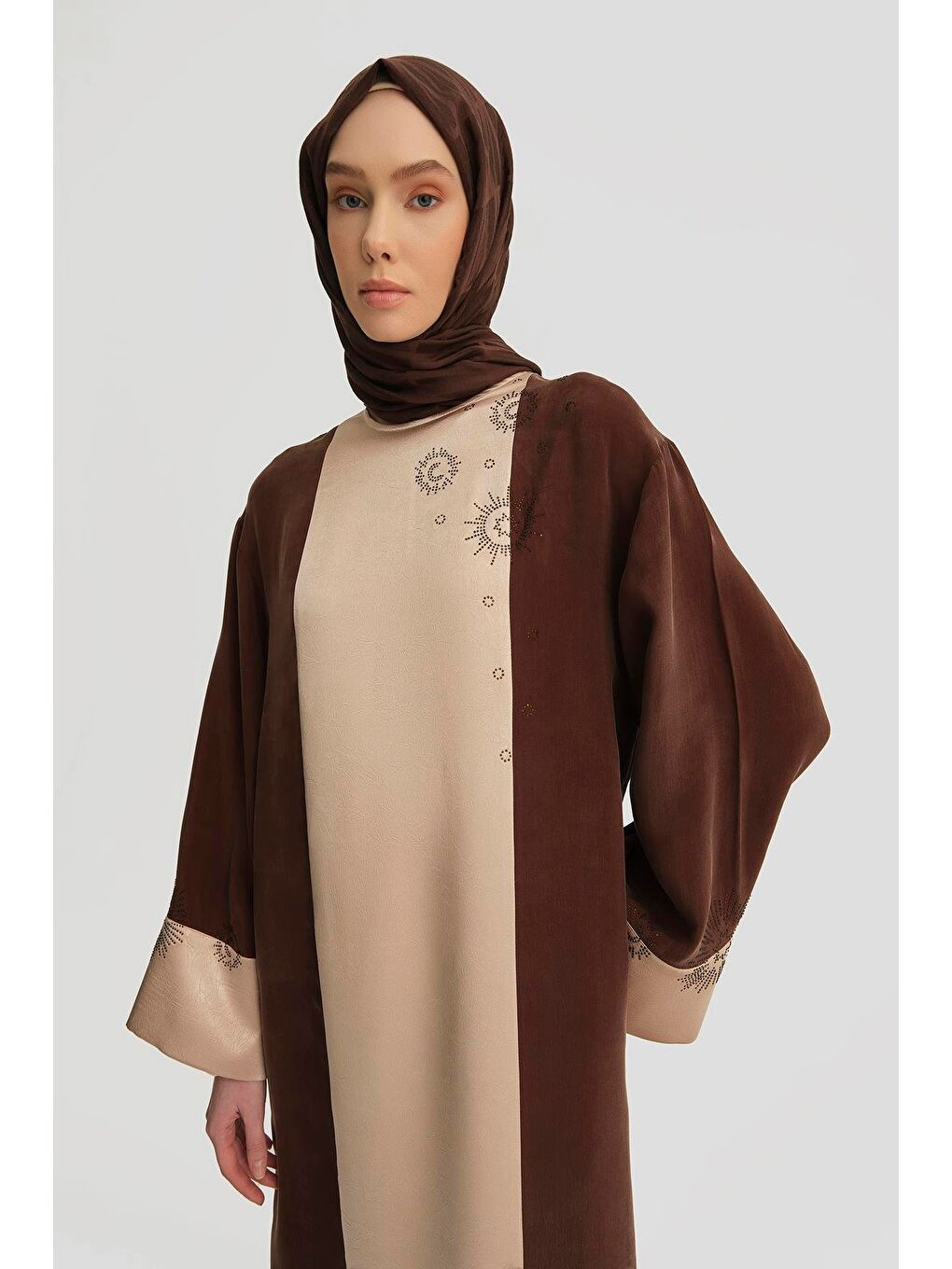 Taş Yapıştırma Garnili Cupra Elbise 25Y9017 Kahverengi-3