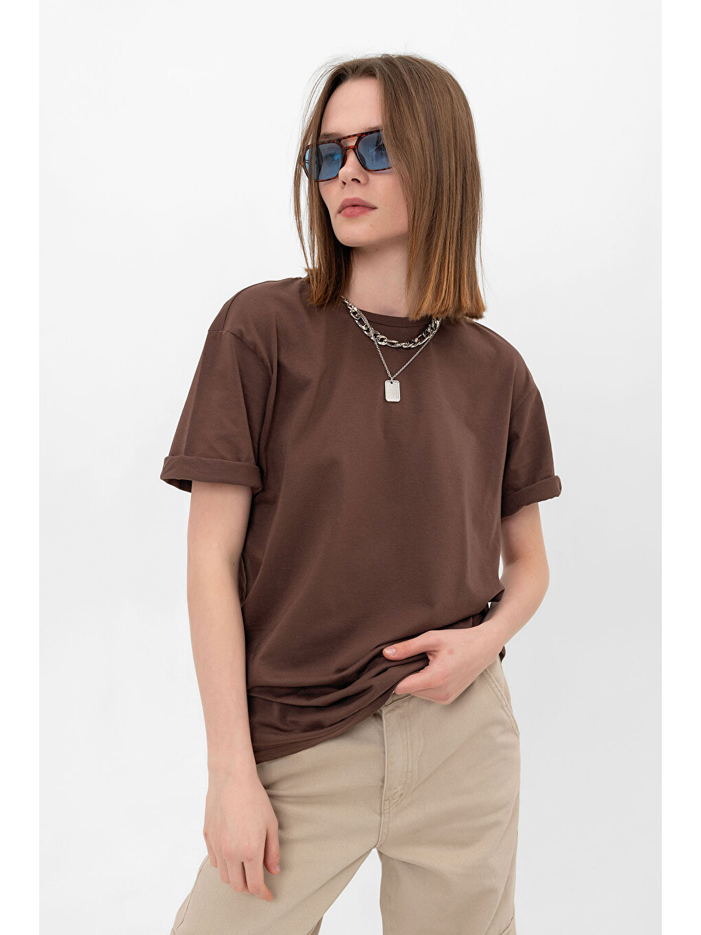 Kahverengi Oversize Fit Pamuklu Kısa Kollu Basic Uniseks Kadın Erkek Tişört-1