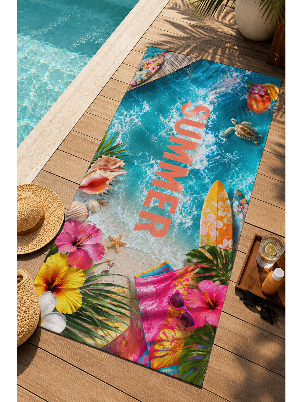 Pembe Pop Art Summer Yazılı Tropikal Çiçekli Kolaj Desenli 70x150 Plaj Havlusu - Pamuklu Banyo Havlusu-1