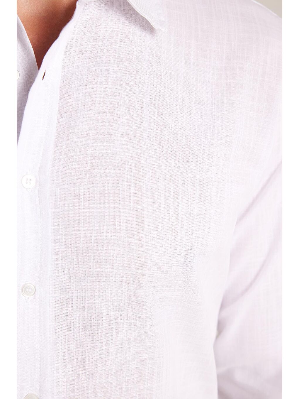Erkek Slim Fit Dar Kesim Uzun Kollu %100 Pamuk Keten Doku Düz Biyeli Beyaz Gömlek-2