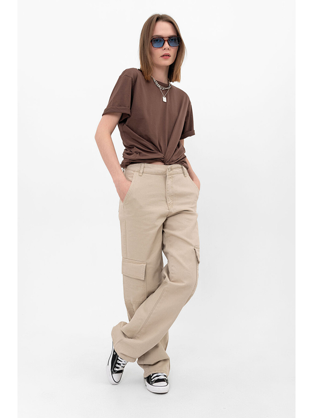 Kahverengi Oversize Fit Pamuklu Kısa Kollu Basic Uniseks Kadın Erkek Tişört-2