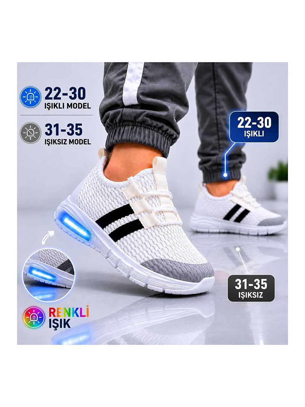 Beyaz Unisex Çocuk Işıklı Spor Ayakkabı Rahat Günlük Sneaker