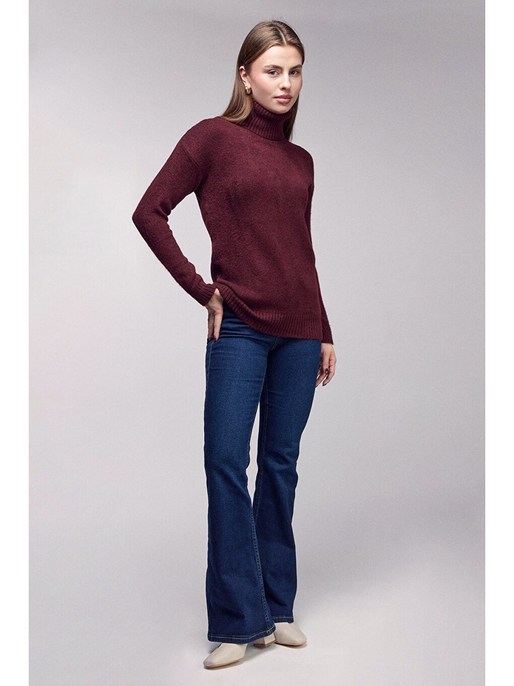 Bordo Balıkçı Yaka Oversize Triko Kazak-4