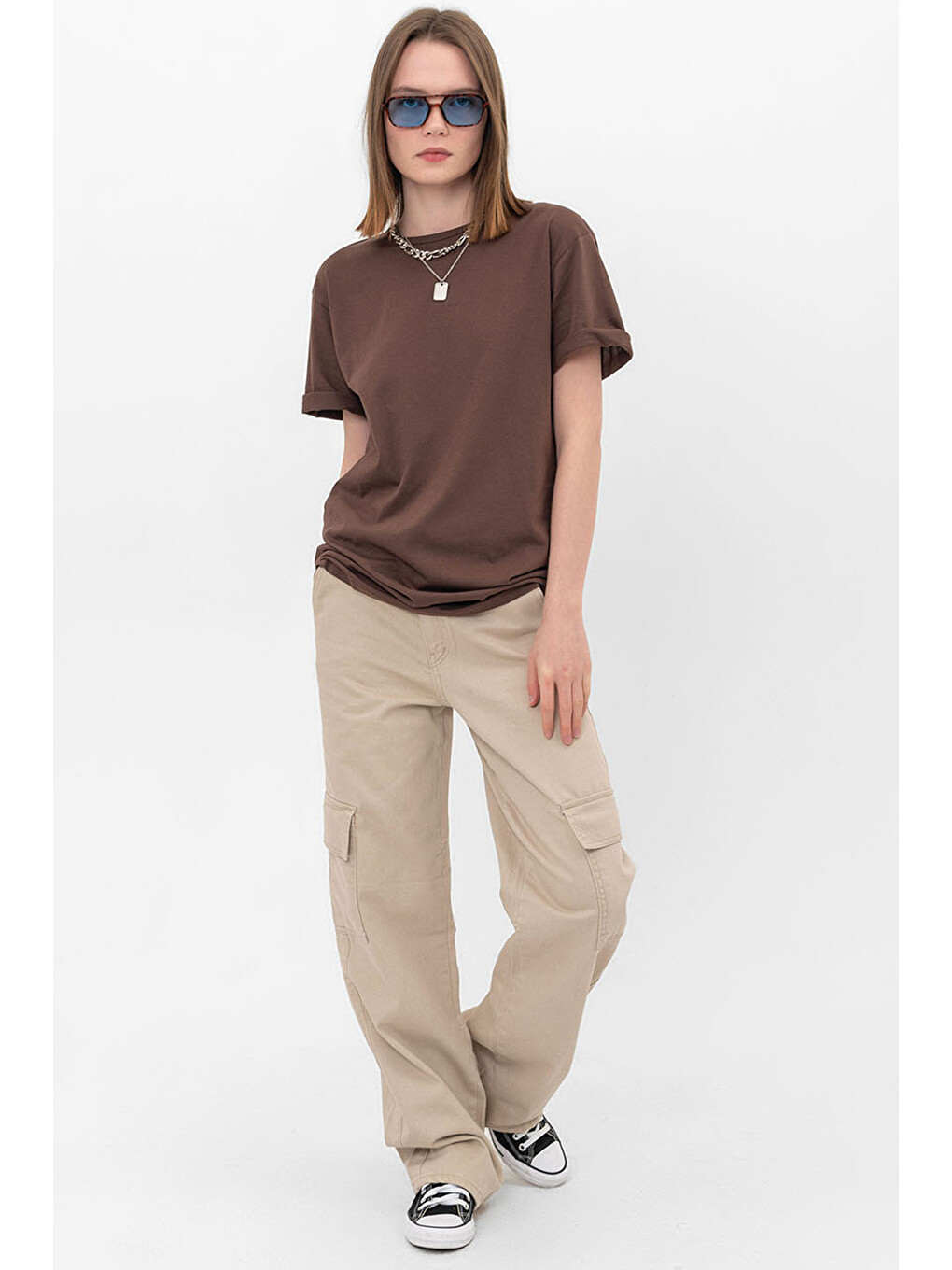 Kahverengi Oversize Fit Pamuklu Kısa Kollu Basic Uniseks Kadın Erkek Tişört-5