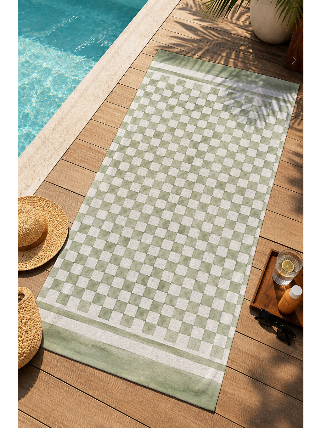 Pastel Adaçayı Yeşili Mini Kareli Desenli 70x150 Plaj Havlusu - Dijital Baskılı Banyo Havlusu-2