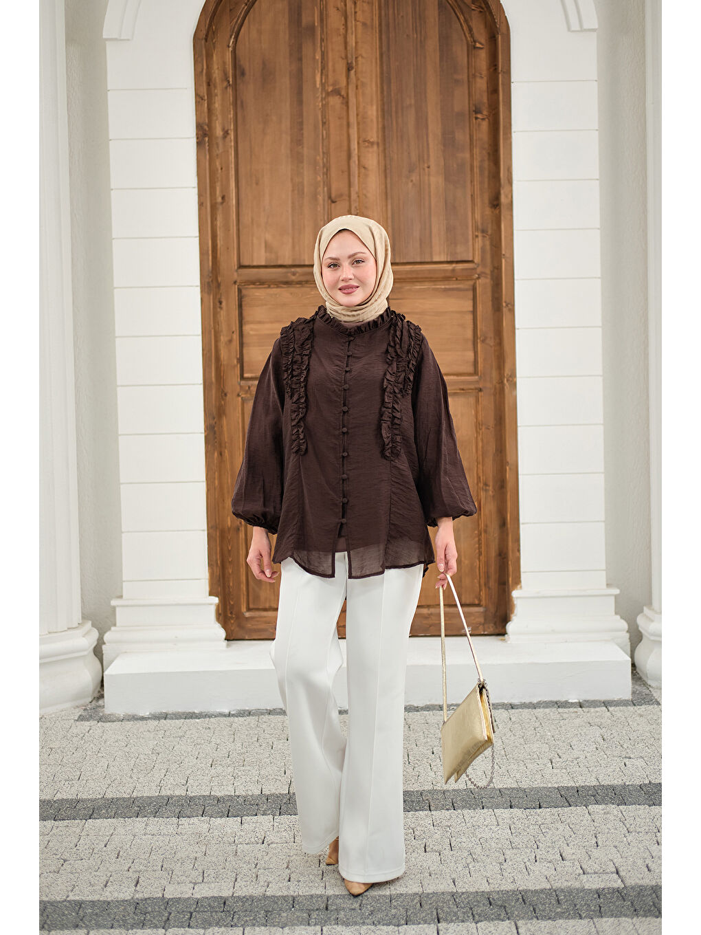 Kadın Yaka Büzgülü Gömlek Kahverengi-2