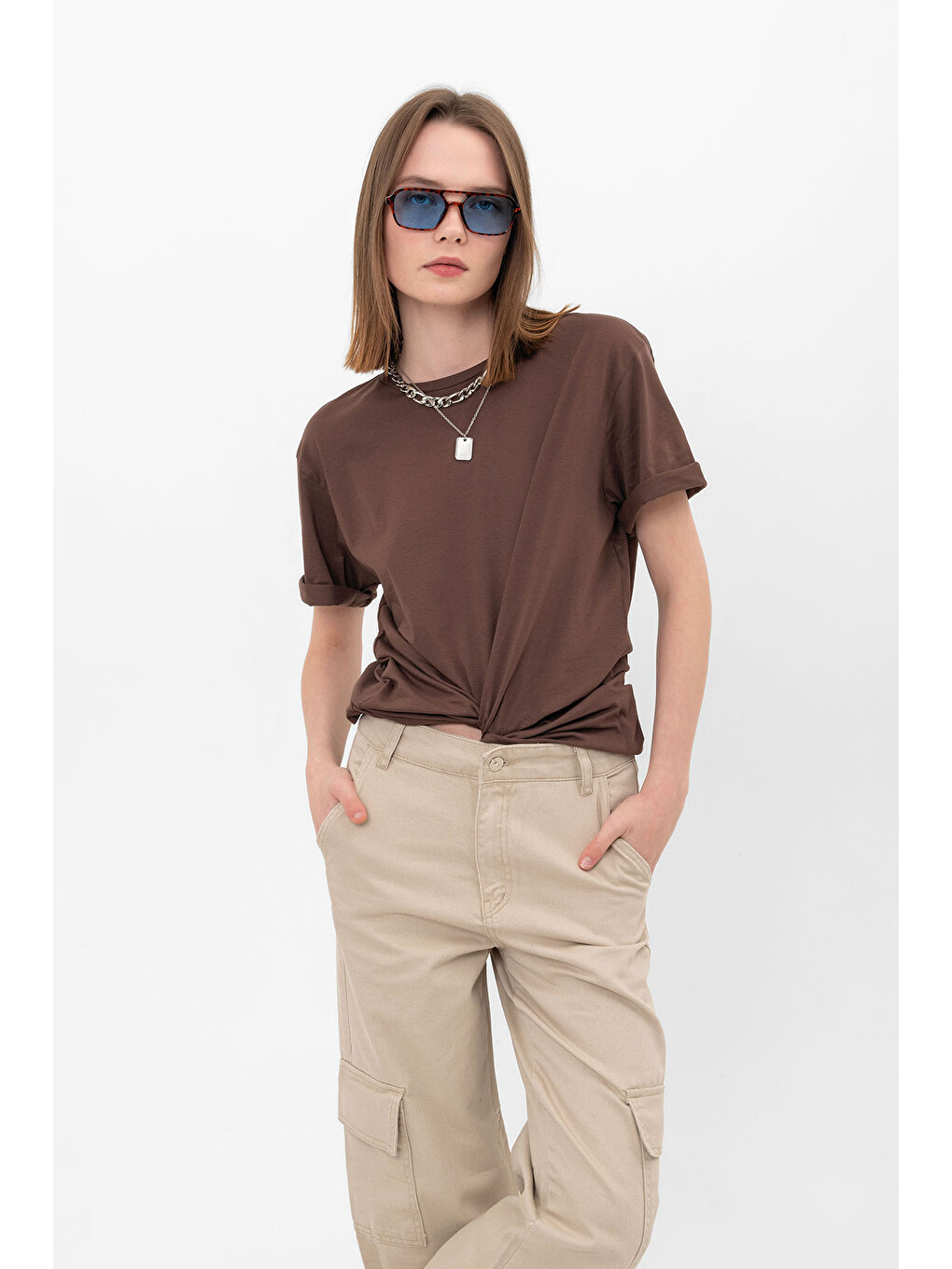 Kahverengi Oversize Fit Pamuklu Kısa Kollu Basic Uniseks Kadın Erkek Tişört-6