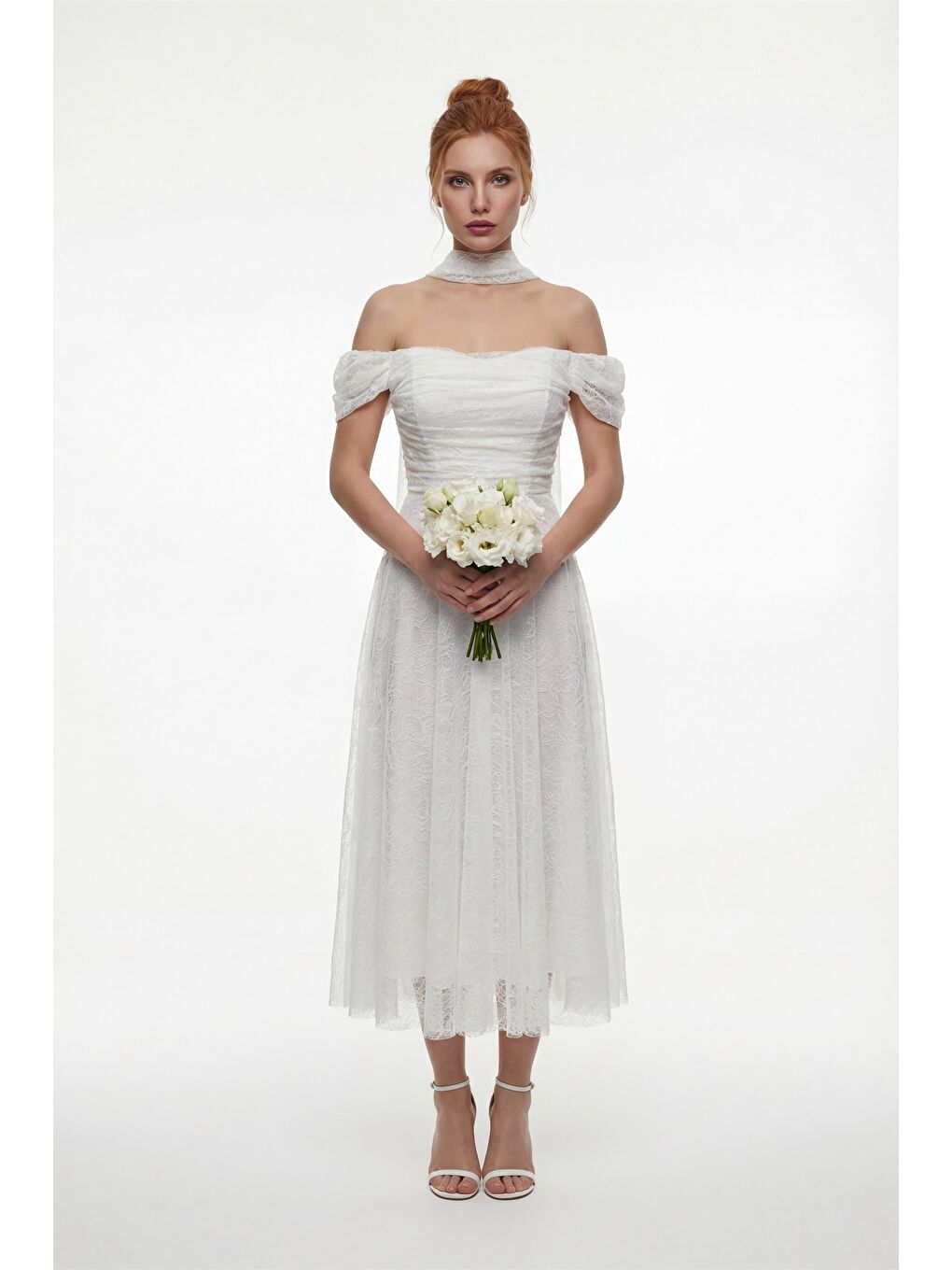 Kadın Beyaz Dar Kalıp Kayık Yaka Dantelli Midi Söz Nişan Nikah Abiye-1