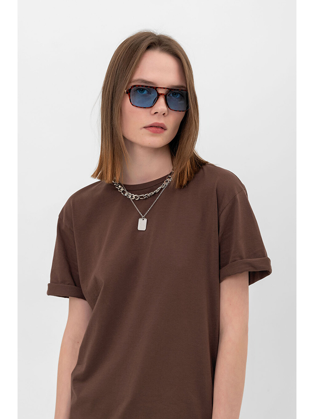 Kahverengi Oversize Fit Pamuklu Kısa Kollu Basic Uniseks Kadın Erkek Tişört-7