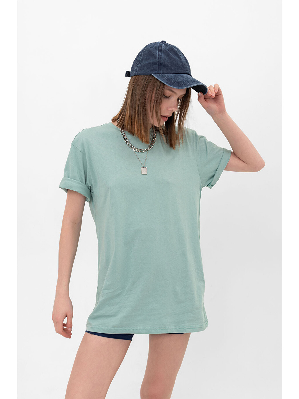 Yeşil Oversize Fit Pamuklu Kısa Kollu Basic Uniseks Kadın Erkek Tişört
