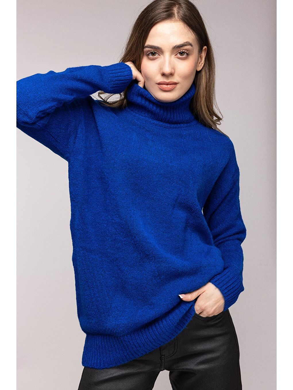 Mavi Balıkçı Yaka Oversize Triko Kazak