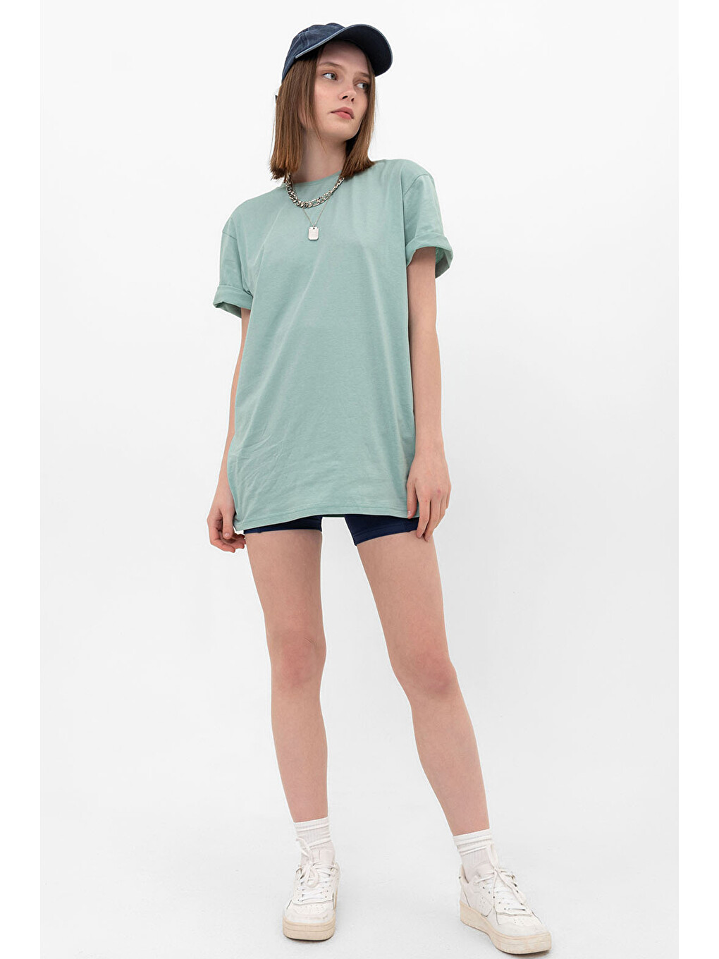 Yeşil Oversize Fit Pamuklu Kısa Kollu Basic Uniseks Kadın Erkek Tişört-1