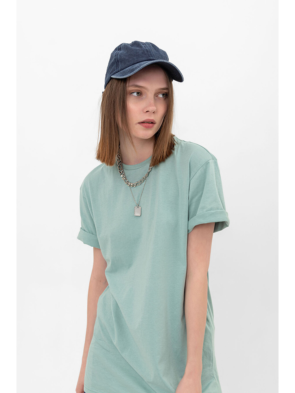 Yeşil Oversize Fit Pamuklu Kısa Kollu Basic Uniseks Kadın Erkek Tişört-2