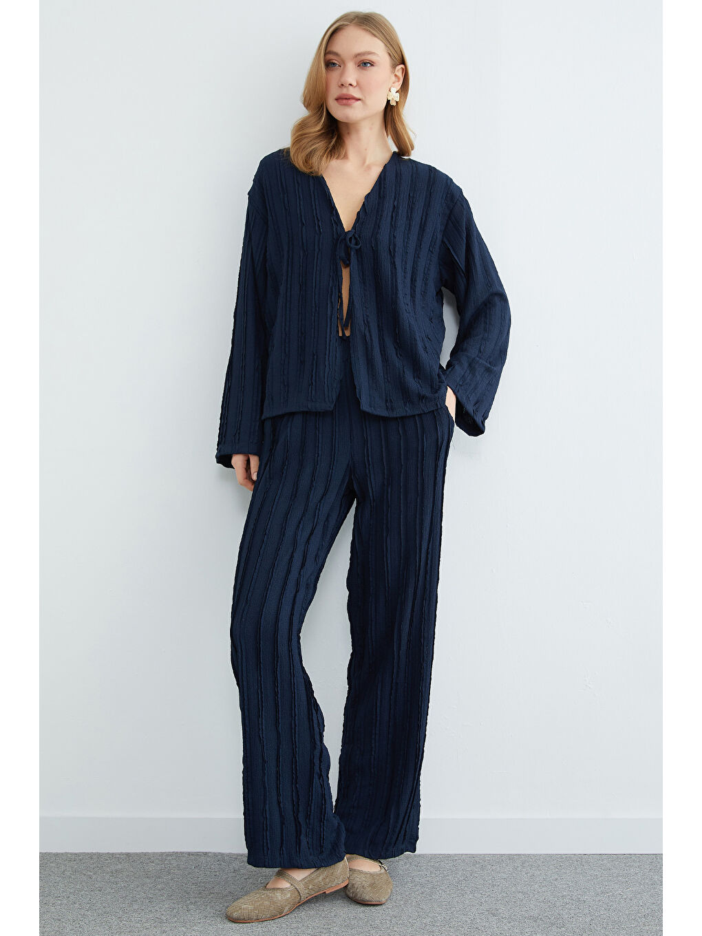 Lacivert Önden Bağlamalı Krep Kumaş 2 Li Takım-2