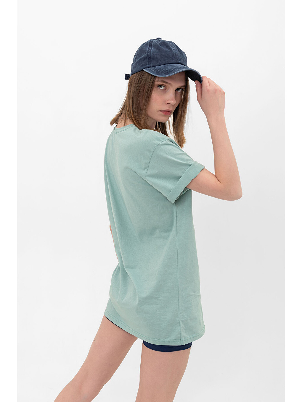 Yeşil Oversize Fit Pamuklu Kısa Kollu Basic Uniseks Kadın Erkek Tişört-3
