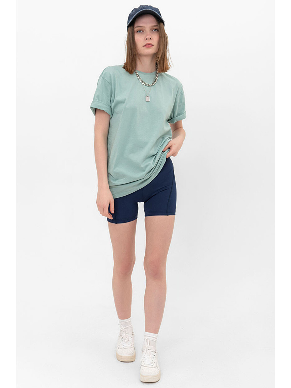 Yeşil Oversize Fit Pamuklu Kısa Kollu Basic Uniseks Kadın Erkek Tişört-4