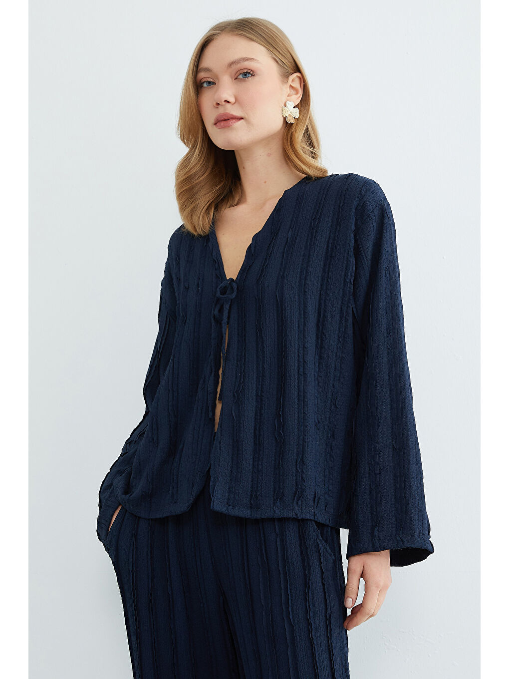 Lacivert Önden Bağlamalı Krep Kumaş 2 Li Takım-3