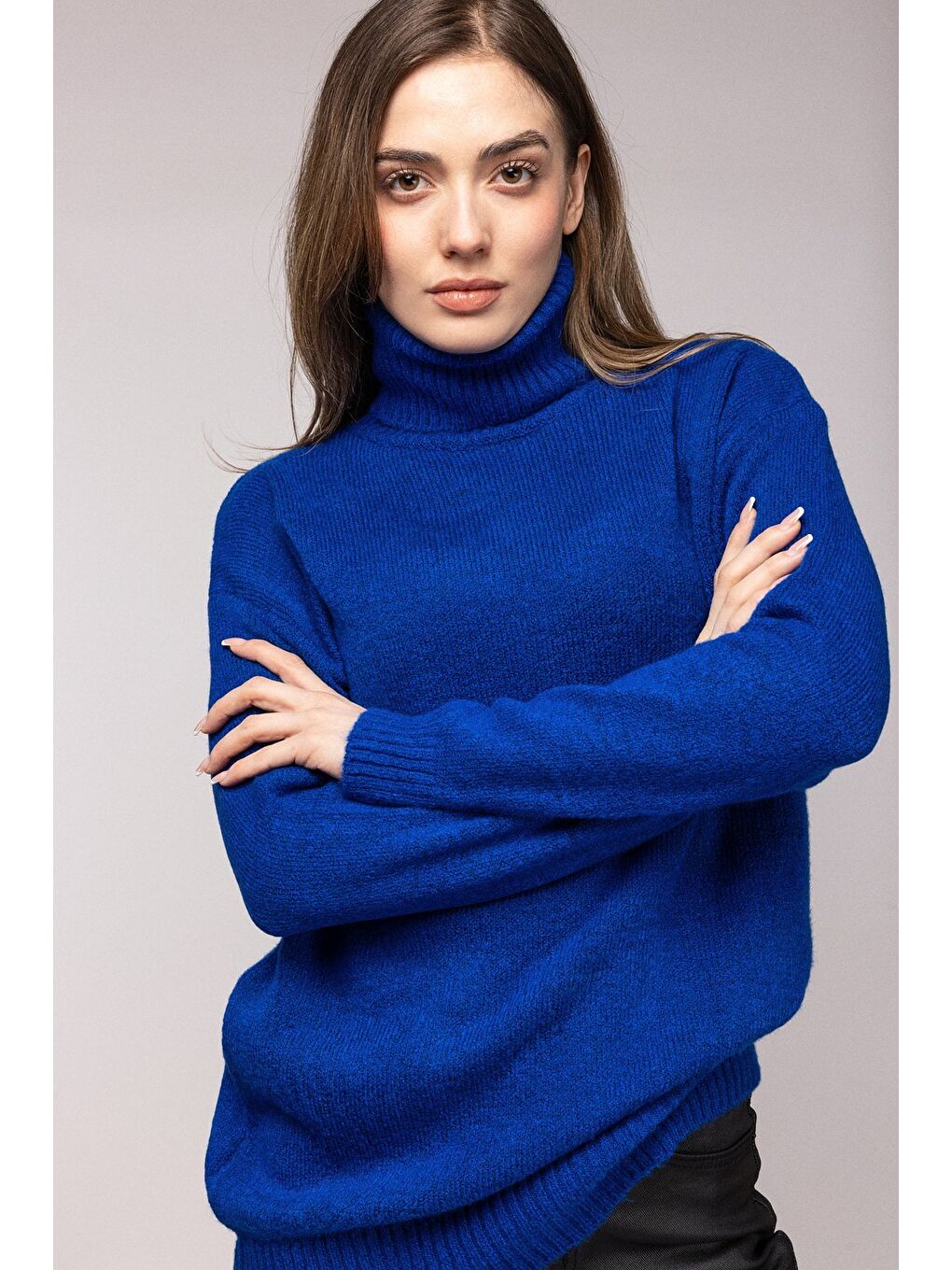 Mavi Balıkçı Yaka Oversize Triko Kazak-1