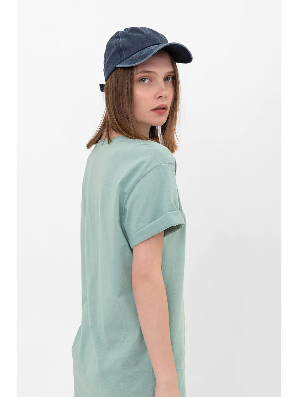 Yeşil Oversize Fit Pamuklu Kısa Kollu Basic Uniseks Kadın Erkek Tişört-6
