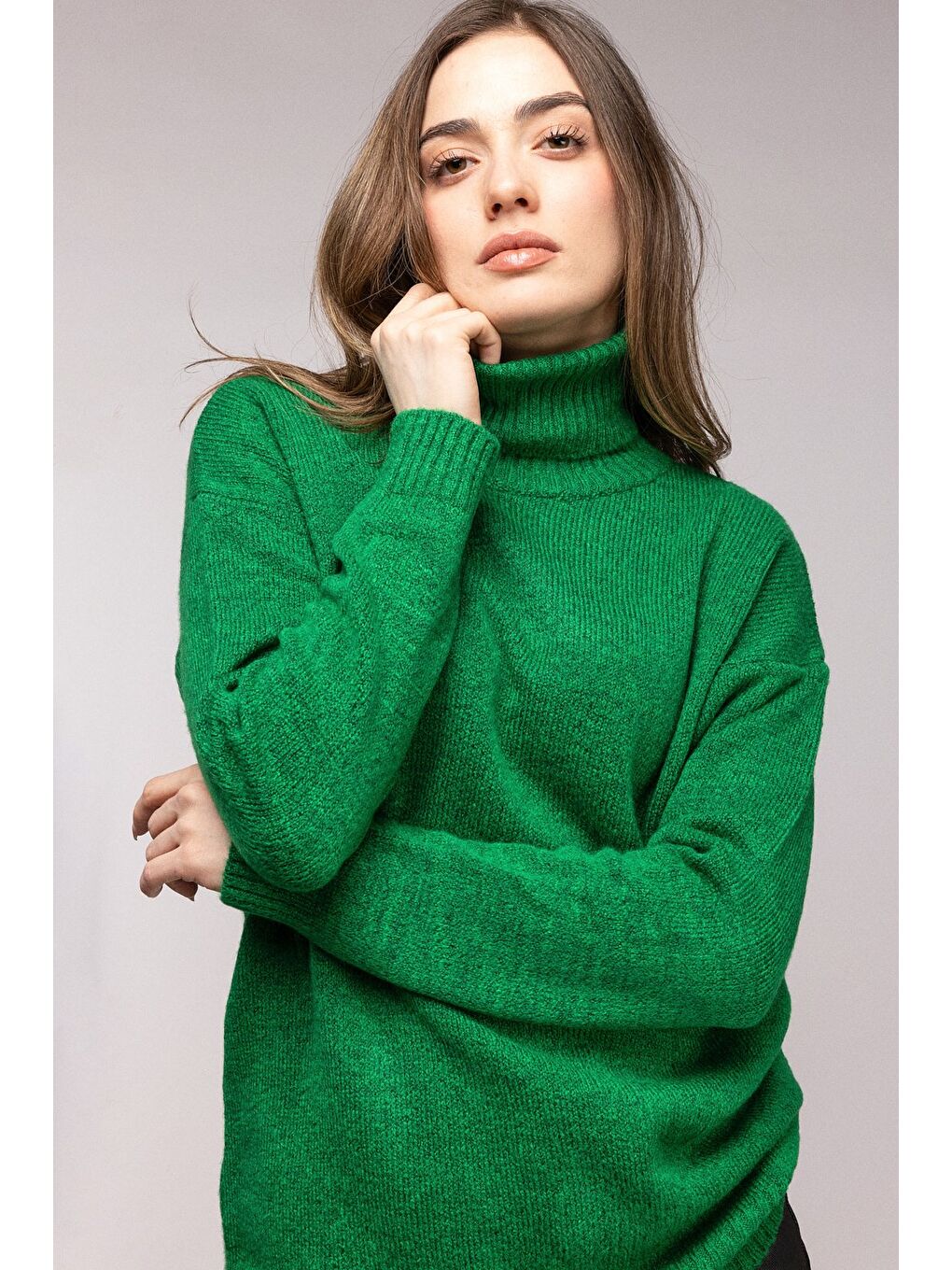 Yeşil Balıkçı Yaka Oversize Triko Kazak