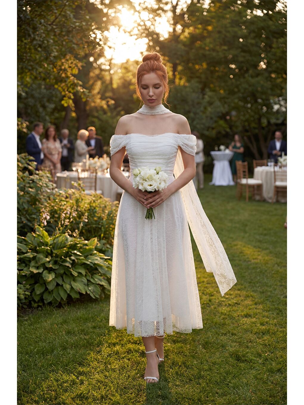 Kadın Beyaz Dar Kalıp Kayık Yaka Dantelli Midi Söz Nişan Nikah Abiye-3