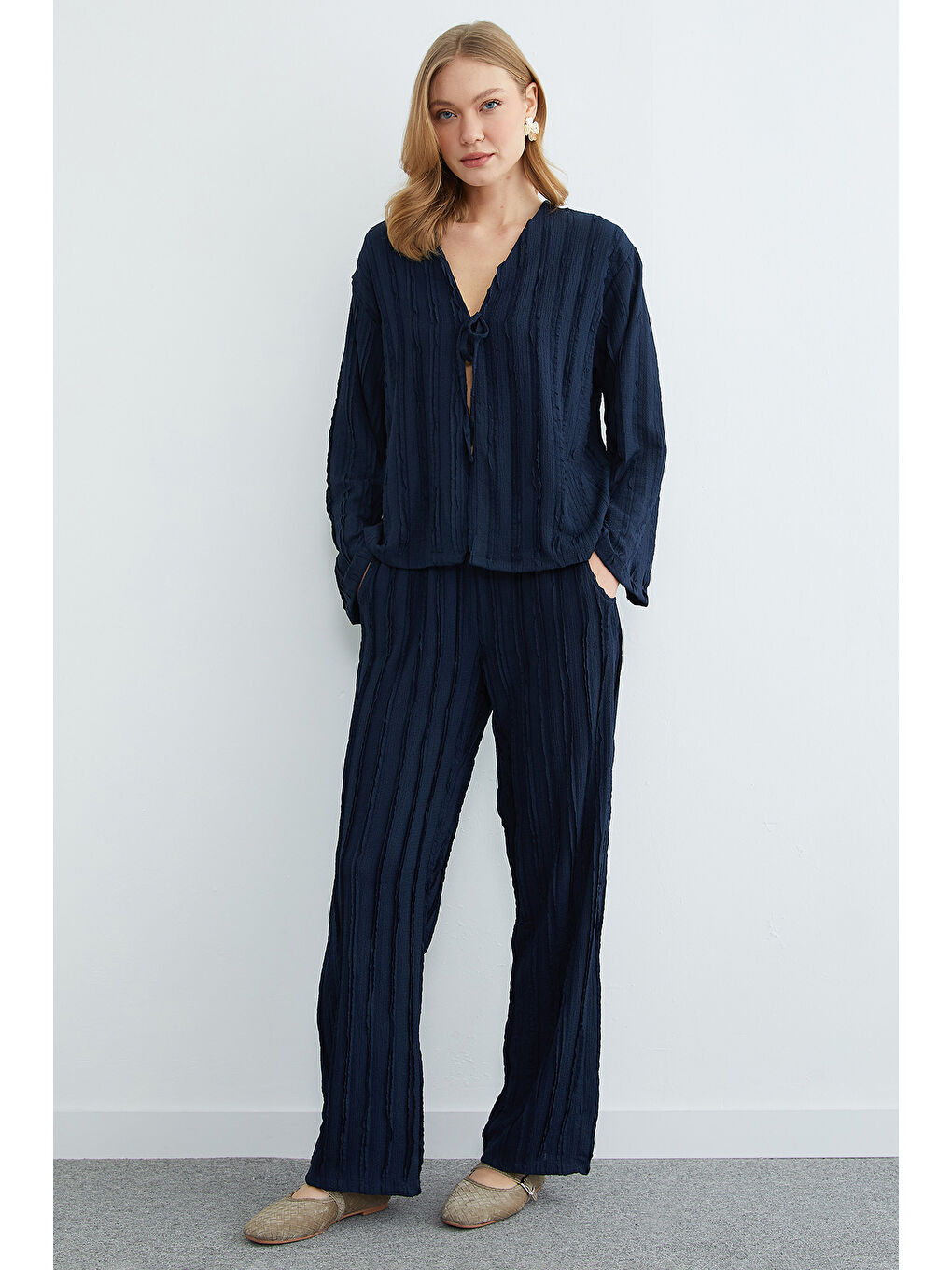 Lacivert Önden Bağlamalı Krep Kumaş 2 Li Takım-4