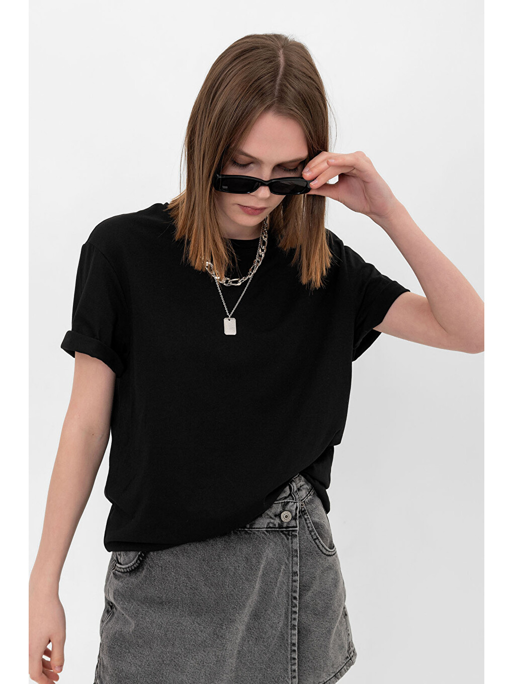 Siyah Oversize Fit Pamuklu Kısa Kollu Basic Uniseks Kadın Erkek Tişört