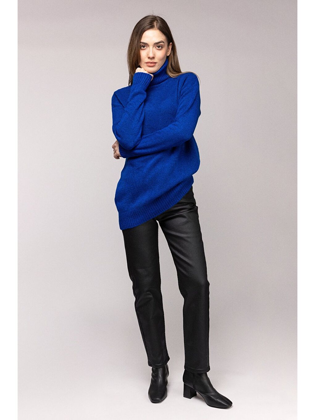 Mavi Balıkçı Yaka Oversize Triko Kazak-2